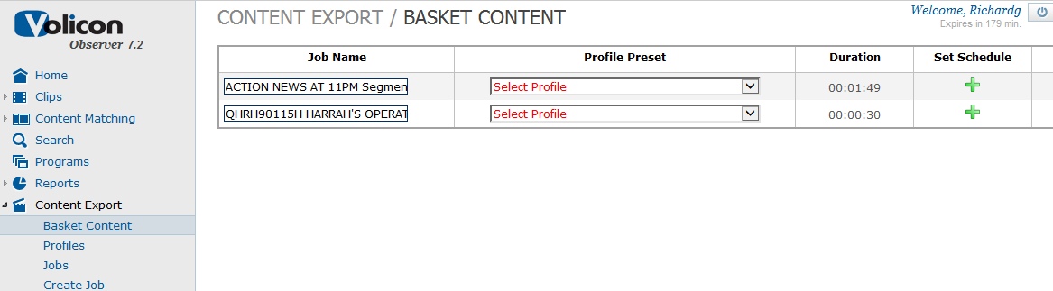 Figure: Content Export>Basket Content Window