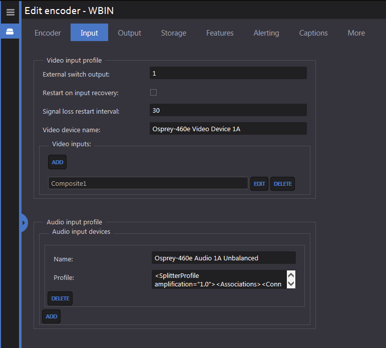 Encoder - Input | Volicon 8.0 Admin Guide | SnapStream