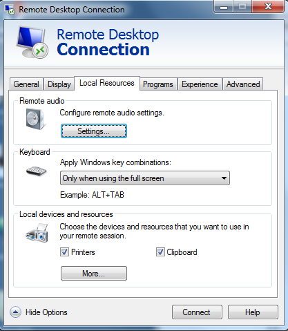 Figure: Windows 7 remote desktop local resources