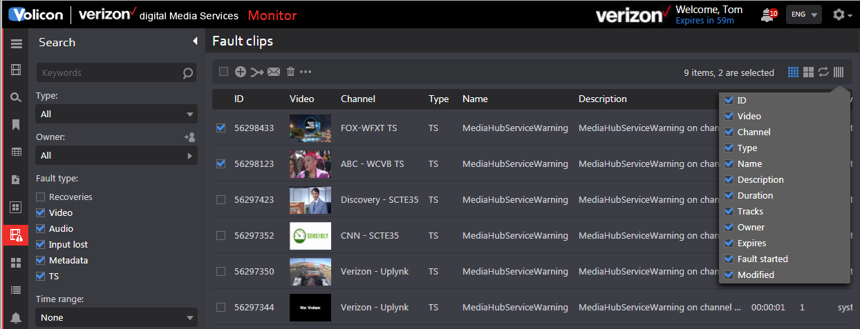 Figure: Fault clips list view w/column selector